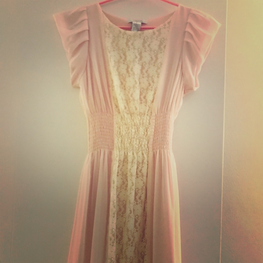 Pink dress with sweet off-white floral lace detail